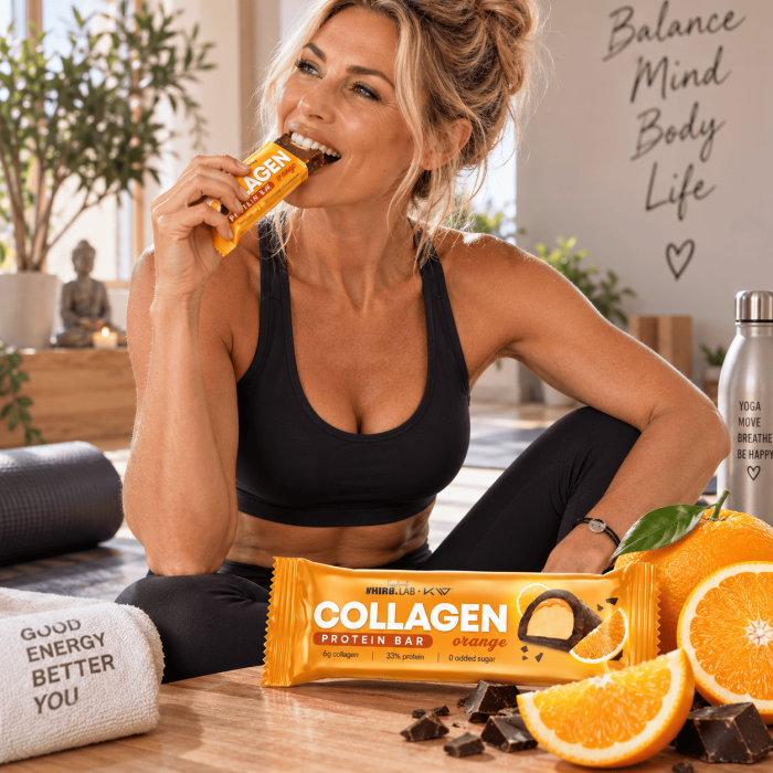 femme au yoga mange Collagen Protéin Bar - 50g | Hiro.Lab