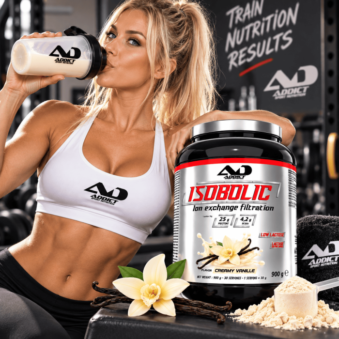 une fitness girl bois l'isobolic whey 900g chocolat addict sport nutrition