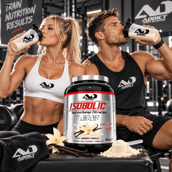 couple fitness bois l'isobolic whey 900g chocolat addict sport nutrition