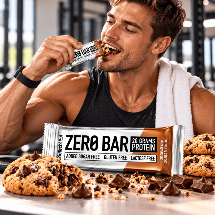 homme mange une Zero Bar protein - BioTech USA
