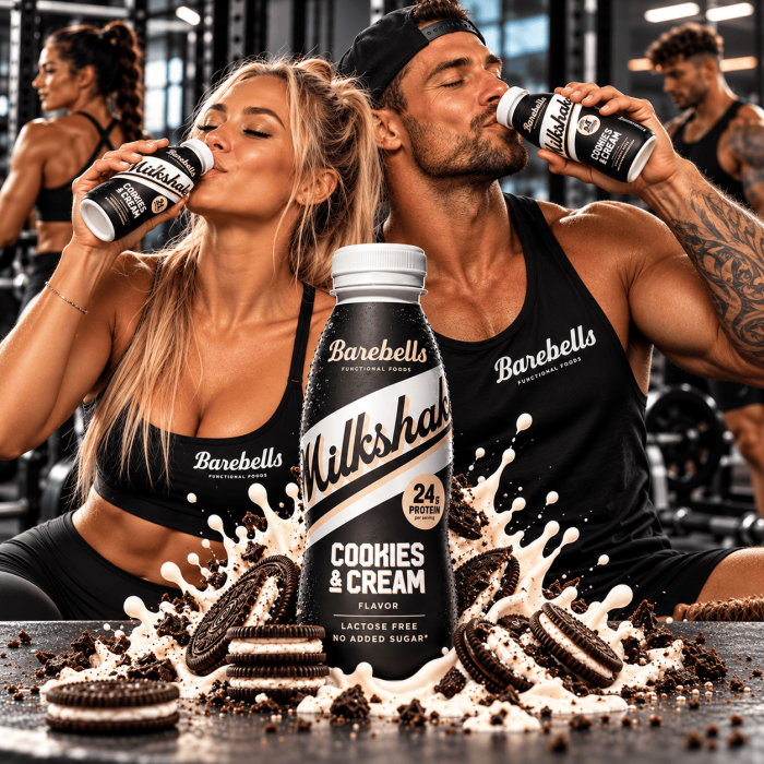 un couple de sportifs boit un Milkshake Protéiné - Barebells