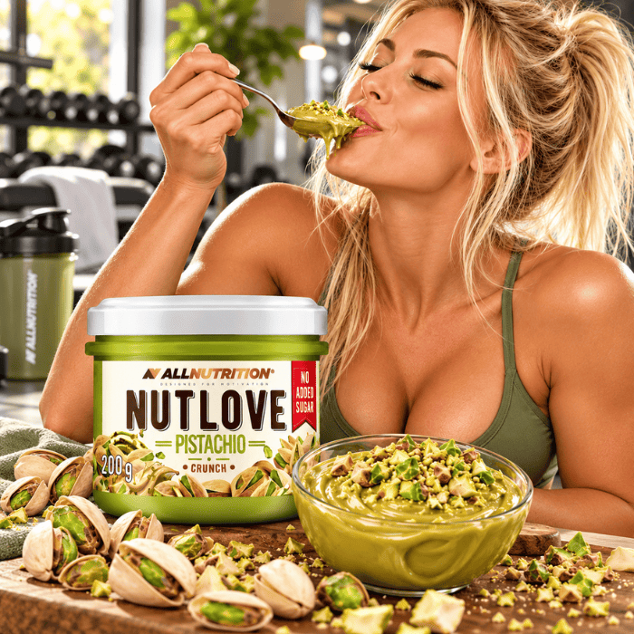 une femme mange du nutlove pistache