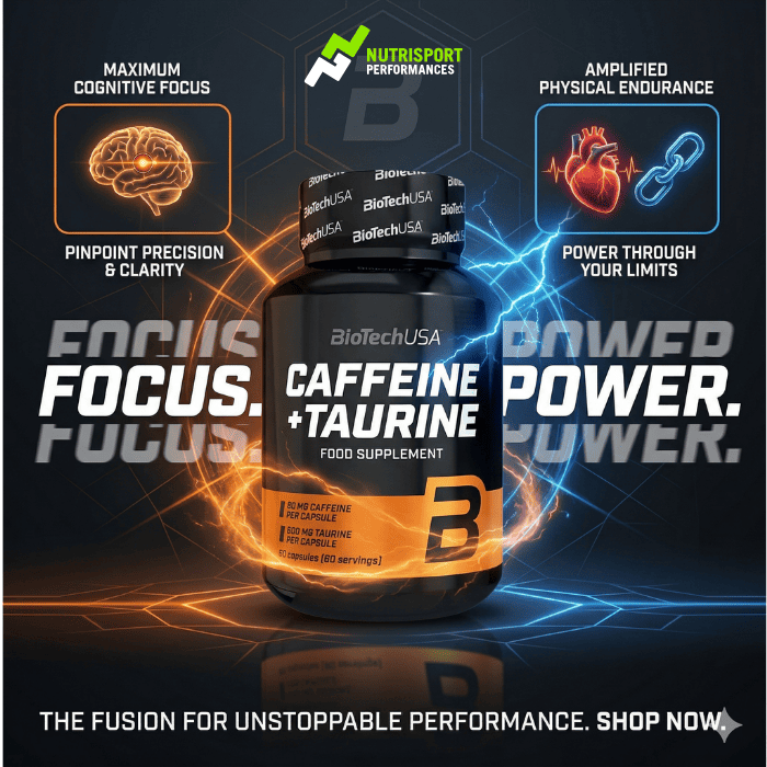 Booster BioTechUSA Caffeine + Taurine pour le focus et l'endurance physique.