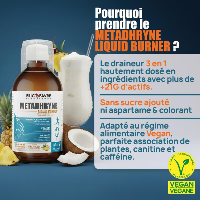 Flacon Metadhryne Liquid Burner Eric Favre saveur Piña Colada et arguments minceur.