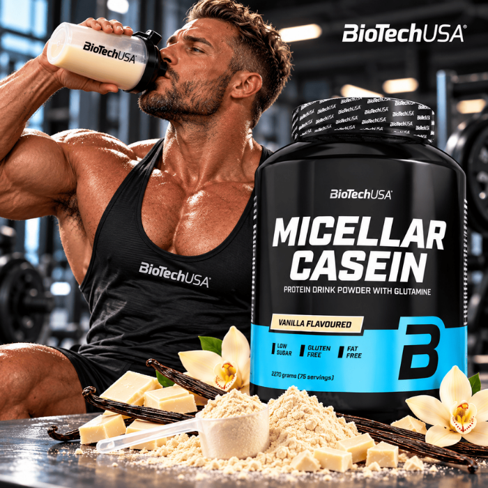 Bodybuilder boit un shaler de micellar casein biotech