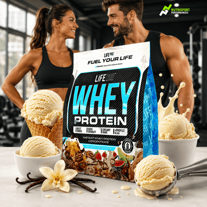2 athlètes devant la whey protein life pro nutrition